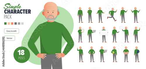 Simple flat old senior male vector character in a set of multiple poses. Easy to edit and isolated on a white background. Modern trendy style character mega pack with lot's of poses. 