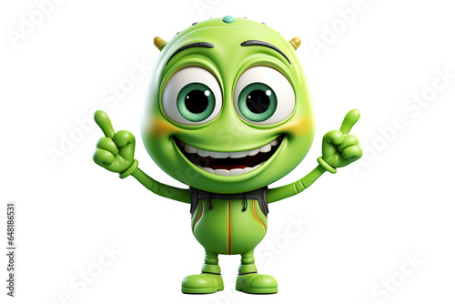 cute cartoon character green alien gestures with fingers on a white isolated background