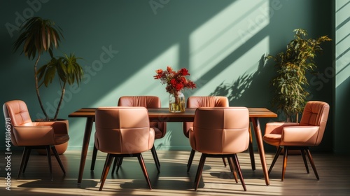 Beige leather ergonomics chairs at round meeting table against bright tone wall. Minimalist style, Modern office interior design of meeting room. photo