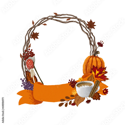 Hand drawn fall wreath  with orange pumpkin, mushroom, autumn leaves, flowers , pumpkin spice latte coffee, ribbon banner. Floral autumn  digital art drawing transparent background