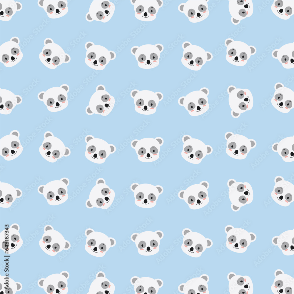 Vector cute panda head cartoon faces animals seamless pattern