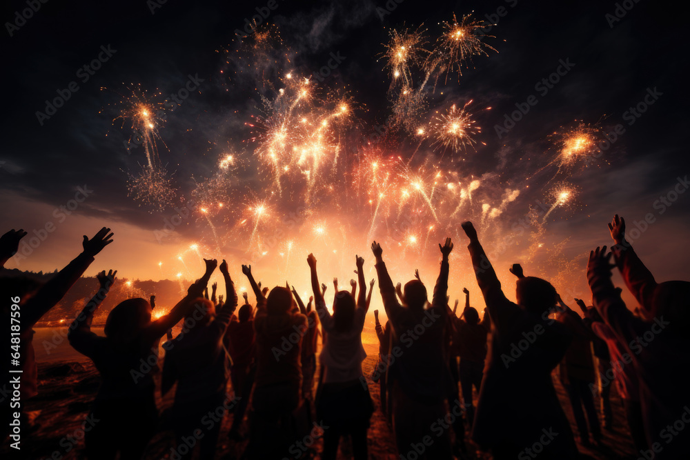 A group of friends and family members bursting fireworks in the night sky, symbolizing the victory of light over darkness. Generative Ai.