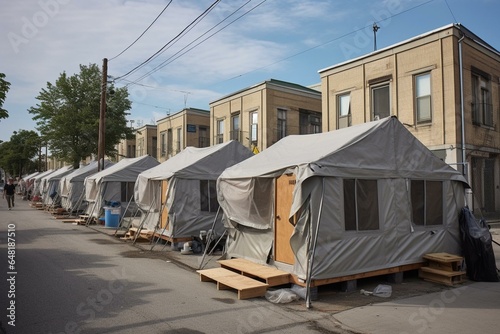 Temporary shelters in a community on Chicago's west side. Generative AI © Delphine