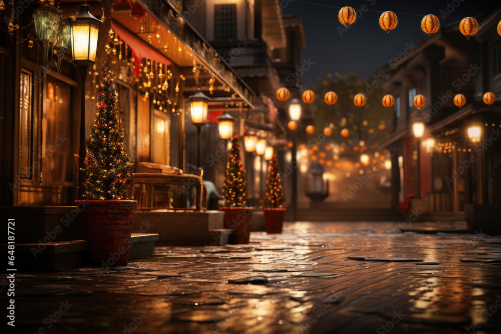 A street adorned with sparkling fairy lights and lanterns, embracing the spirit of Diwali. Generative Ai.