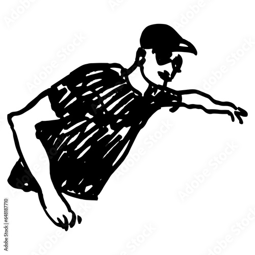 Man in casual sportive clothing pointing into the distance. Hand drawn linear doodle rough sketch. Black silhouette on white background.