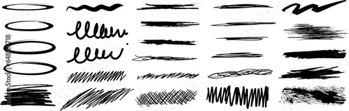 Grunge scrawls, charcoal scribbles, rough brush strokes, underlines and circles. ector illustration of horizontal waves, squiggles, underlines