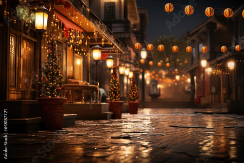 A street adorned with sparkling fairy lights and lanterns  embracing the spirit of Diwali. Generative Ai.