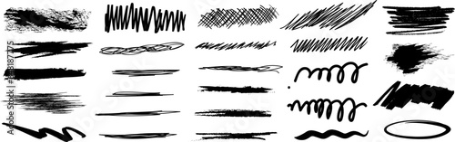 Vector illustration of marker lines, paint shapes, crayon lines, waves. Charcoal scribble stripes and bold paint shapes.