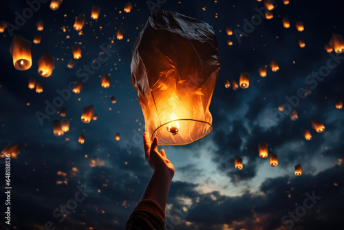 A person releasing a sky lantern into the night sky as a symbol of hope and new beginnings. Generative Ai.