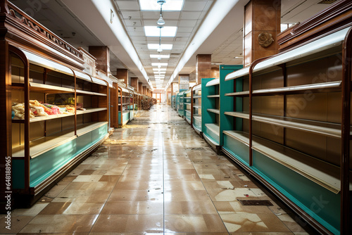 Empty shelves in supermarket store. Economic and food crisis