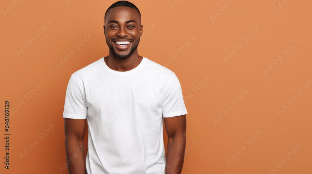Smile African man fit in Frame wearing bella canvas white shirt mockup, isolated color background Smile African man fit in Frame wearing bella canvas white shirt mockup, isolated color background