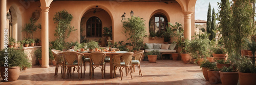 Mediterraneanstyle patio with terracotta tiles. Background