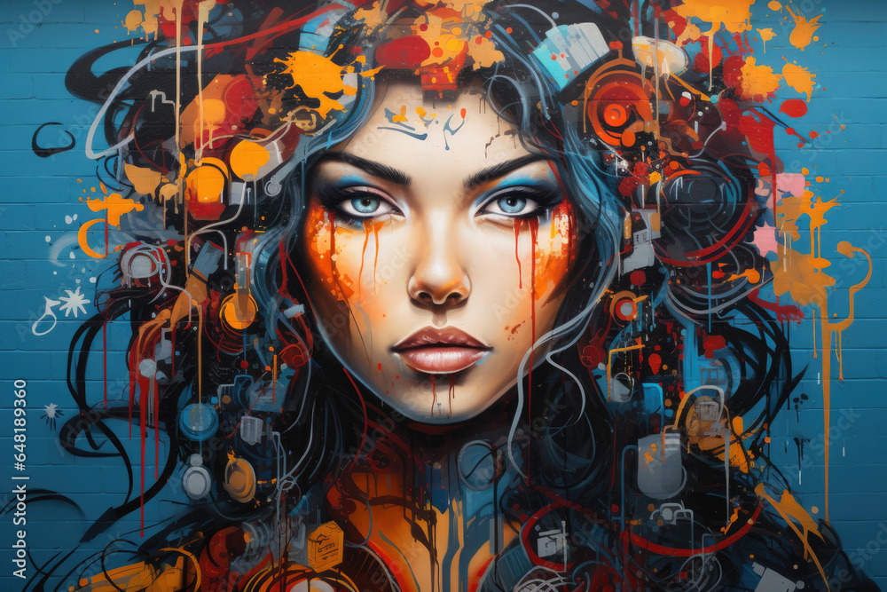 A contemporary street art mural filled with vibrant graffiti and urban imagery. Generative Ai. A contemporary street art mural filled with vibrant graffiti and urban imagery. Generative Ai.