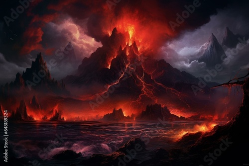 A volcanic eruption surrounded by flowing lava against a dark sky with clouds and water, depicted in detailed fantasy art. Generative AI