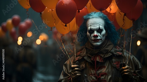 Fotografija creepy clown standing under holding red balloons