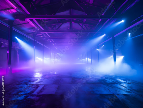Vibrant rave scene with empty dance floor, deep blue and purple neon glow