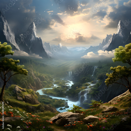 Tranquil nature scene, pristine forests, rivers, and sky