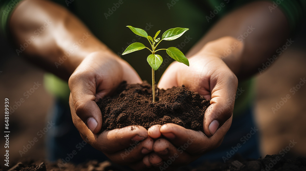 Close up hands together holding small plant in fertile soil, environmental sustainability, nurturing growth, eco-awareness concept. Generative AI Close up hands together holding small plant in fertile soil, environmental sustainability, nurturing growth, eco-awareness concept. Generative AI