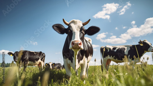 Herd of cows in a field. Livestock, sustainable and herd of cattle on a farm © Chanelle/Peopleimages - AI