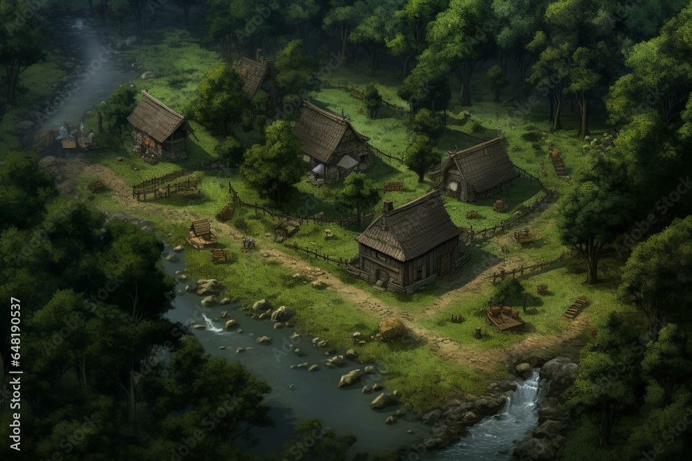 a rural settlement in the heart of a thick woodland. Generative AI
