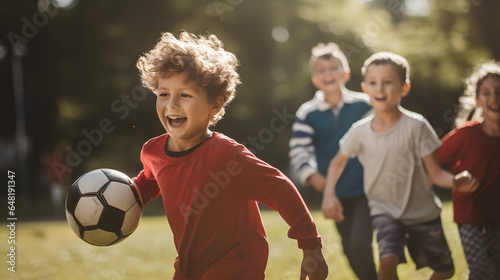 A heartwarming scene of a group of young kids enthusiastically playing soccer in a sun-drenched park, their laughter and energy filling the air with joy and excitement