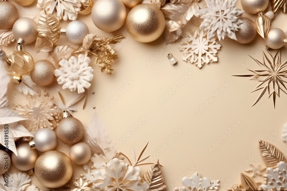 Obraz premium Christmas balls,stars and snowflakes on table and ornaments over abstract bokeh background with copy space