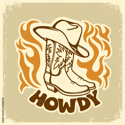 Cowboy card vector on old paper texture with cowboy boots and hat graphic illustration. Wid West prit art illustration with howdy text photo