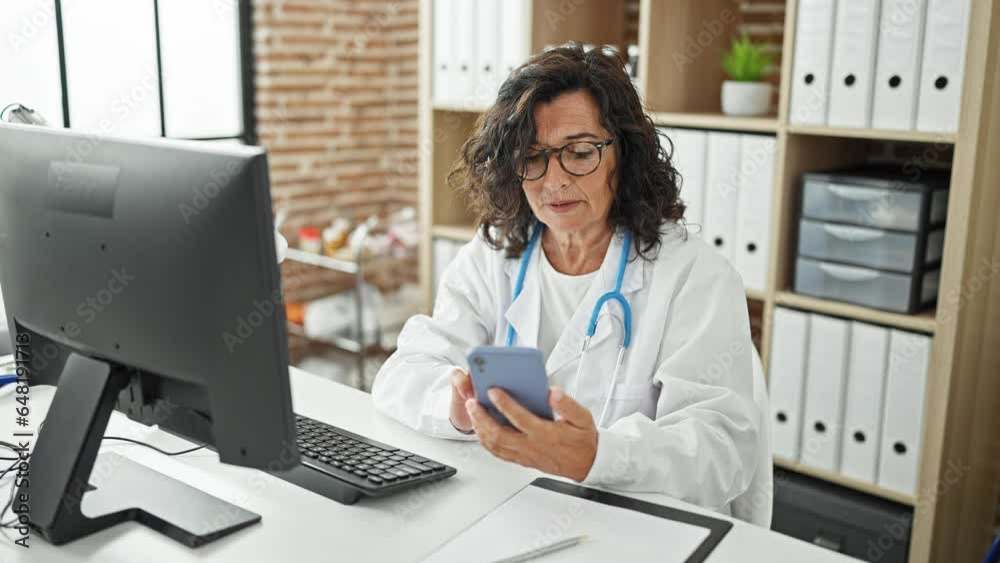 Middle age hispanic woman doctor using computer and smartphone at the clinic Middle age hispanic woman doctor using computer and smartphone at the clinic