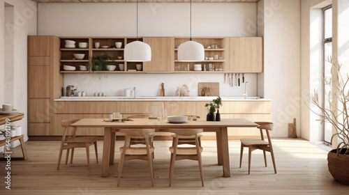 scandinavian kitchen with white walls, natural wood finishes, and minimalist furniture
