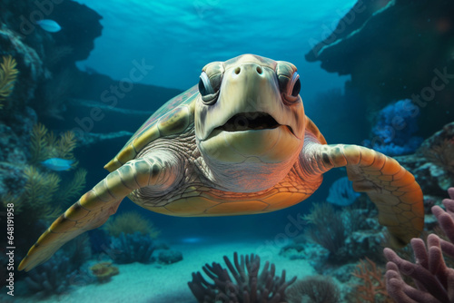 Big turtle underwater on a reef background, colored fish, front view