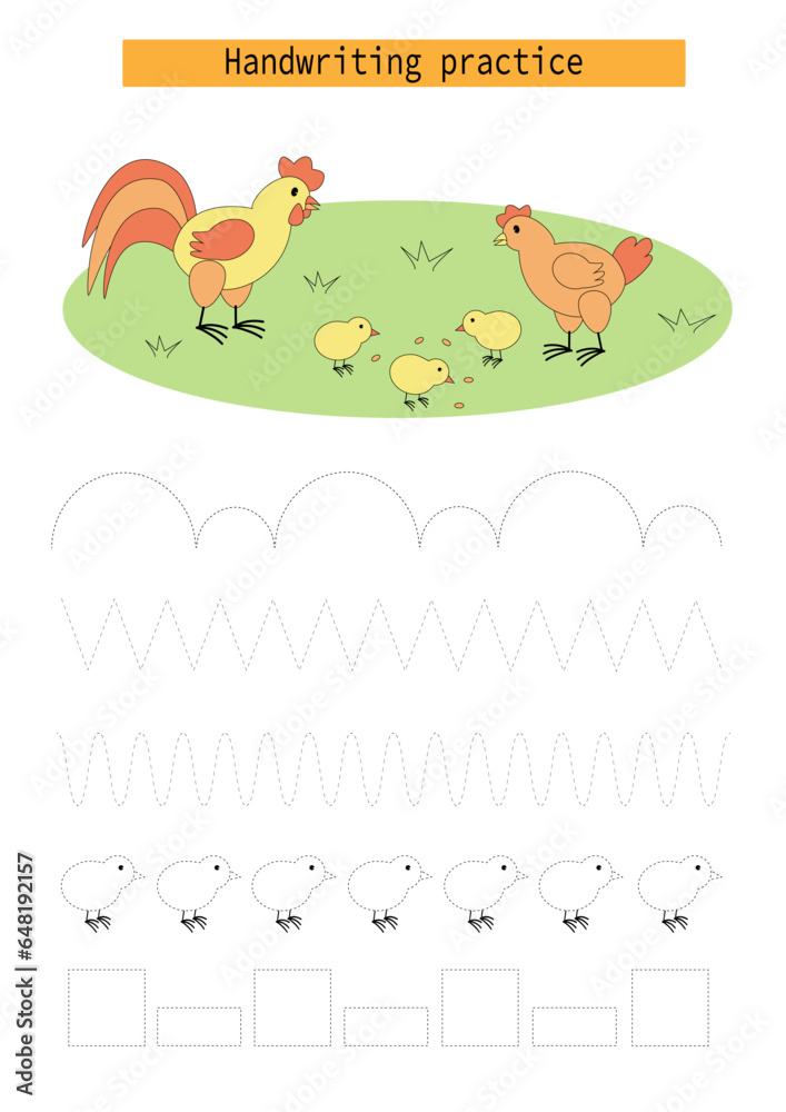 Obraz premium Tracing lines for kids, rooster, hen and chicks, developing writing practice for kids. Vector EPS10
