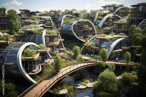 A sustainable eco-village showcasing innovative energy-efficient building designs. Generative Ai.