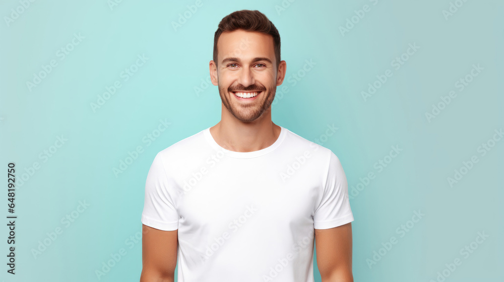 Smile Young Man fit in Frame wearing bella canvas white shirt mockup,  isolated color background