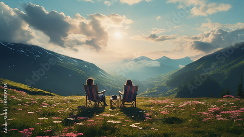 Happy couple sitting on lawn chairs in mountain looking at the mountain view in the morning. tourism concept. Vacation relax time in nature with sunlight.