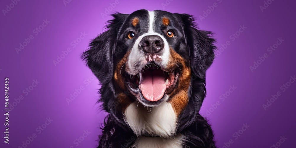 Portrait of a happy bernese mountain dog on a purple background with space for text