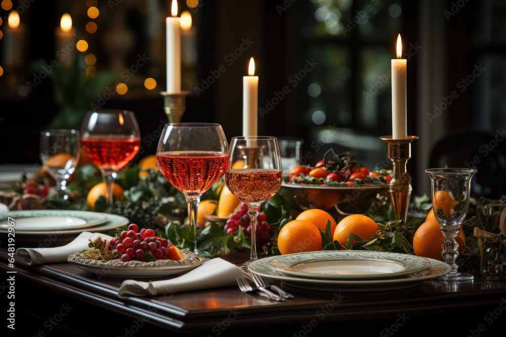Candlelit Feast. Dining table set for a holiday dinner with candles and elegant decor, reflecting the elegance of Christmas gatherings. Generative AI.