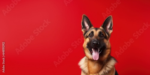 Portrait of a happy german shepherd dog on a red background with space for text