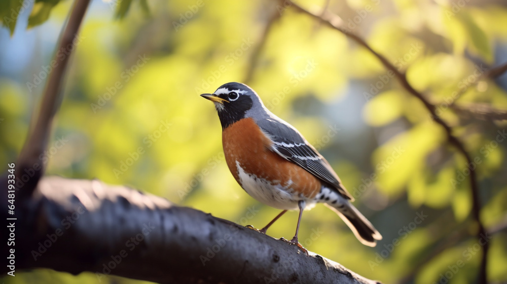 Fototapeta premium American Robin in forest sit on a branch