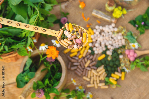 Supplementi and medicinal herbs and flowers. Selective focus.