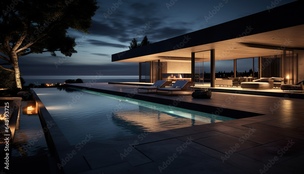 Fototapeta premium modern illuminated house or villa with swimming pool at night, luxury and contemporary building and architecture, generative AI