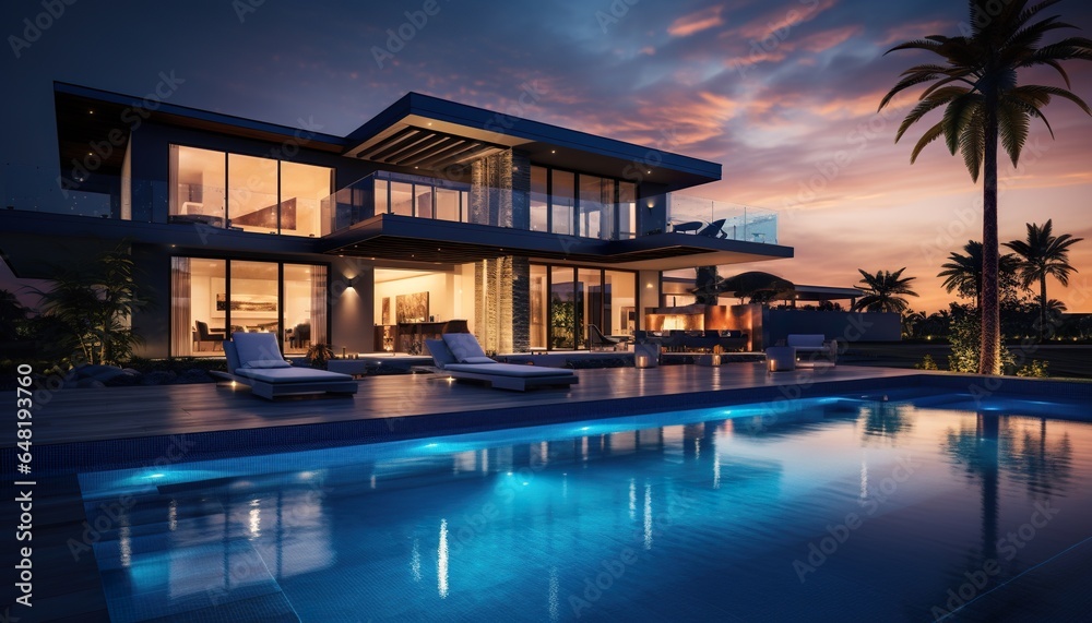 modern illuminated house or villa with swimming pool at night, luxury and contemporary building and architecture, generative AI