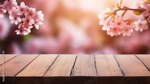Empty wood tables on blurred background of pink cherry blossom flowers