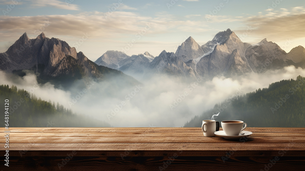 coffee cup on empty wooden table with mountain view in the morning. - obrazy, fototapety, plakaty 