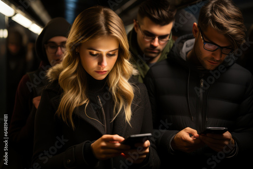 Social Media Connectivity. People engrossed in their smartphones, illustrating the complexities of modern digital connections. Generative AI.