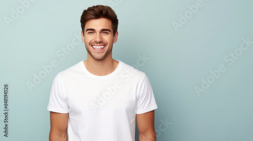 Smile Young Man fit in Frame wearing bella canvas white shirt mockup,  isolated color background