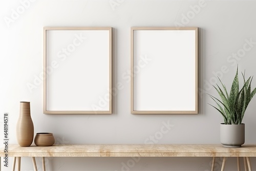 Empty white picture with wooden frame, picture mockup