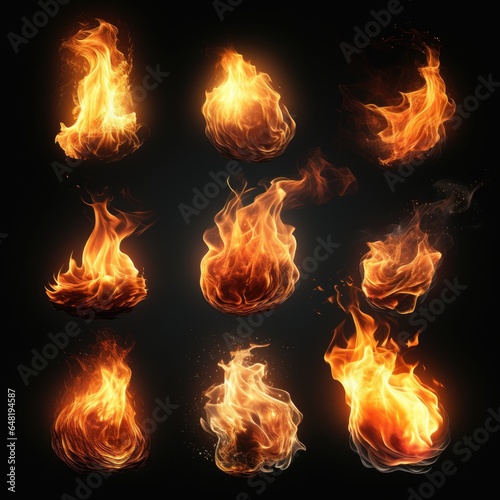 fire flames set, A collage of various fire shapes with dynamic flames, each capturing the wild and untamed essence of fire against a dark background, fireballs