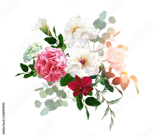 Trendy magenta and barbie pink color vector design bouquet. Pink rose, white peony, dark orchid, hot pink hydrangea