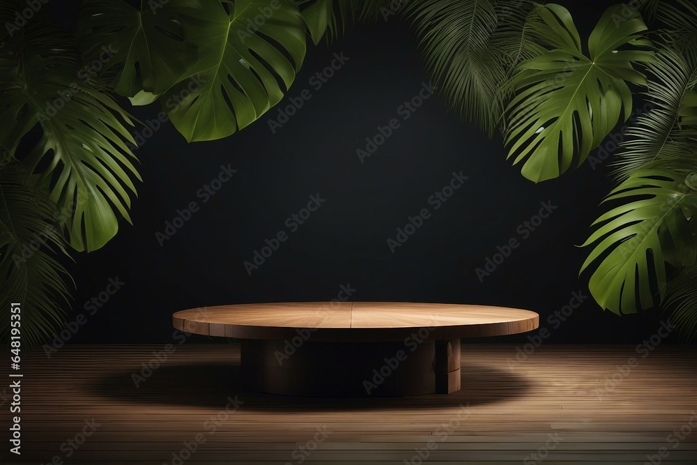 Empty round wooden table and tropical leaves on a dark background Empty round wooden table and tropical leaves on a dark background