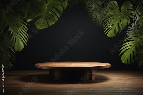 Empty round wooden table and tropical leaves on a dark background